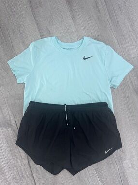 Nike Women's Running Outfit Bundle: Blue Dri-Fit Shirt & Black Shorts Size L